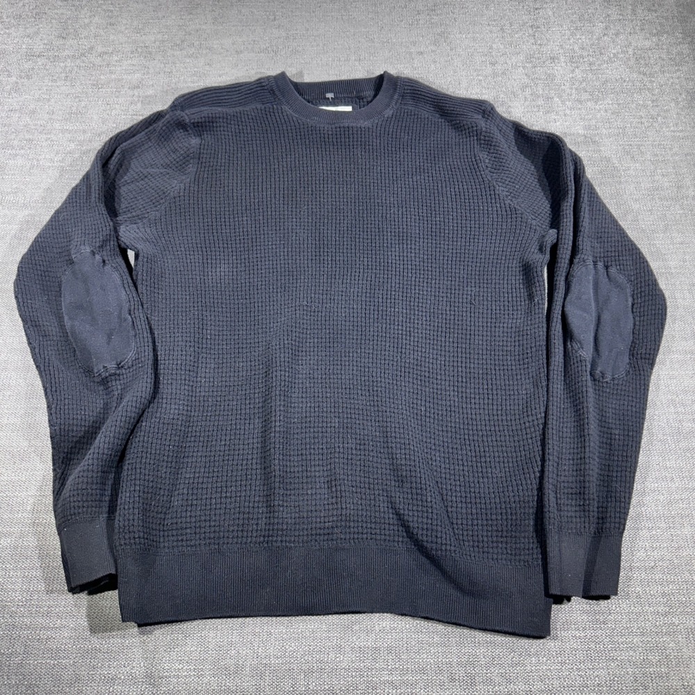 Old Navy Waffle Knit Sweater Mens Large Navy‎ Blue Elbow Patches Thermal